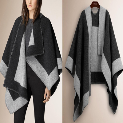 深灰条纹羊毛羊绒披肩斗篷外套厚围巾秋冬可绣字双面超厚保暖外套