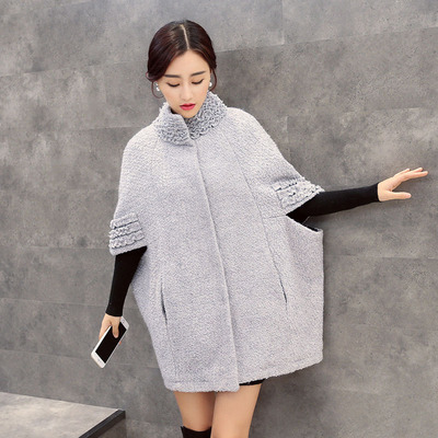 2015韩版冬季新品宽松大码mm显瘦披肩羊毛斗篷毛呢外套女呢子大衣