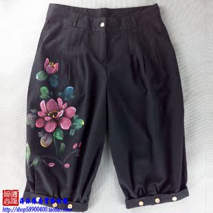 新款中国式改良民族风手绘花5/7分黑色中短款收腿裤M0009