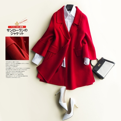 17秋冬韩版修身大红色双面呢羊绒大衣女中长款西装领羊毛尼子外套