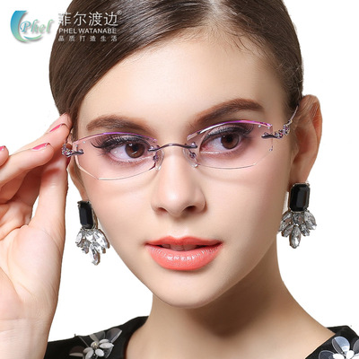韩国钻石切边镶钻眼镜 女款 纯钛无框近视眼镜框 眼镜架 渐变色A4