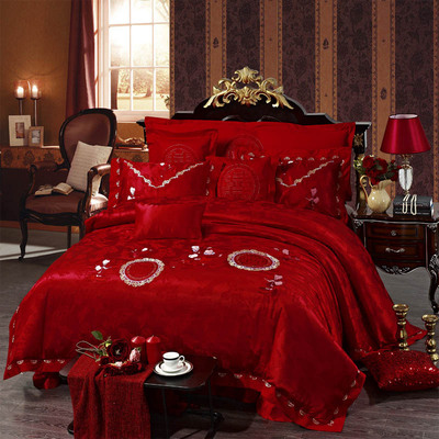婚庆 大红粉红全棉四件套  1.5米1.8m2米床上用品 提花绣花4件