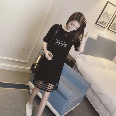2016夏装新款韩版宽松T恤女中长款显瘦字母网纱拼接上衣连衣裙子
