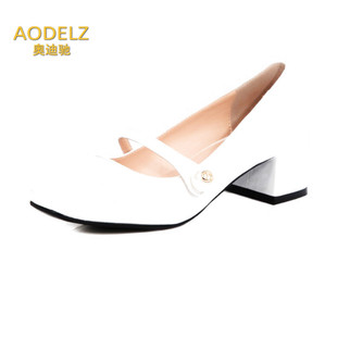 Aodelz定制  新款浅口一字式扣带休闲女鞋方头粗跟时尚单鞋