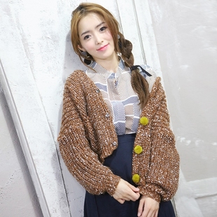 韩国秋季短款针织毛衣开衫女外套新款韩版宽松显瘦打底衫 女装潮