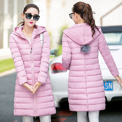 冬装新品韩版棉衣女中长款学生加厚修身棉袄毛球连帽羽绒棉服外套