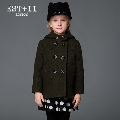 EST+II/艺诗 2017冬新款亲子装双排扣连帽毛呢外套女童装呢子外套