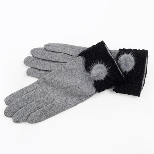 韩版时尚秋冬季女士羊绒手套 触摸屏 五指 线套口毛球女生手套