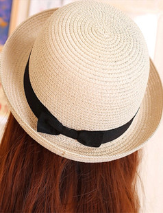 夏季新款草帽圆顶卷边小礼帽韩版蝴蝶结沙滩遮阳帽可爱女防晒圆帽