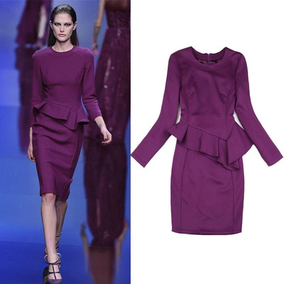 2016秋装新款欧美T台秀时尚优雅气质OL修身荷叶边长袖连衣裙紫色