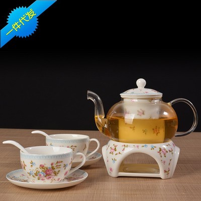 韩式时尚子母养生壶陶瓷花茶壶套装 玻璃茶具暧茶泡茶壶玫瑰花语