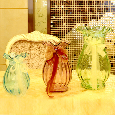 包邮 欧式浮雕透明玻璃彩色花瓶 浪口玻璃花瓶 彩色装饰花器大号