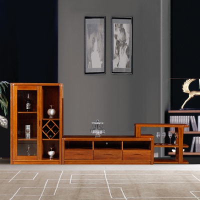 古娜可 黄金胡桃木实木电视柜套装 现代中式客厅家具酒柜组合厅柜