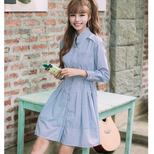 厂家直销韩版2016秋装新款女条纹衬衫 实拍修身品牌连衣裙 F6721