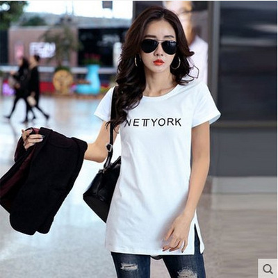 2016春夏韩国新款纯棉女士t恤中长款作修身圆领印花t恤女上衣半袖