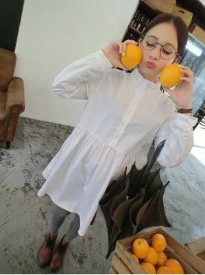 2016新款韩版女装立领中长款白衬衫小清新长袖连衣裙
