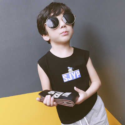 男童短袖T恤夏2016新款韩版字母印花短袖中小童黑色无袖打底上衣