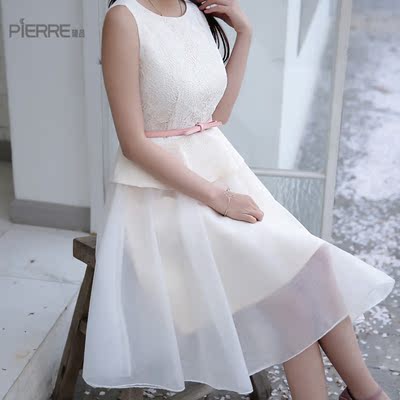 2016夏季新款 圆领套头拼接纯色欧根纱甜美A型公主裙
