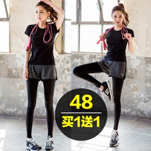 健身女跑步运动瑜伽服修身显瘦短袖上衣假两件运动紧身裤两件套装