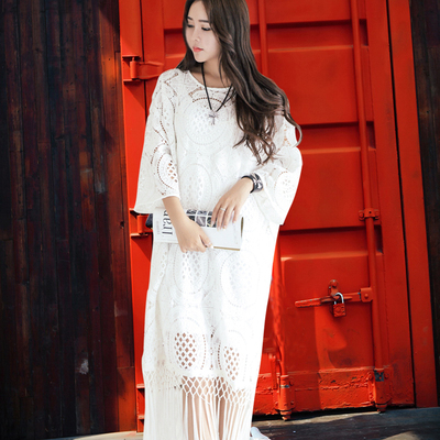 韩国镂空白色蕾丝流苏连衣裙女中长款大码胖mm长裙胖妹妹夏装裙子