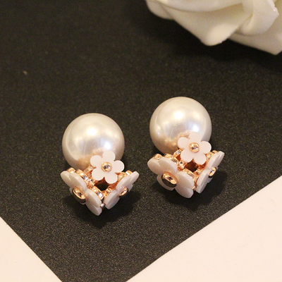 韩国甜美花朵层叠花瓣大颗珍珠两用双面耳钉2色选