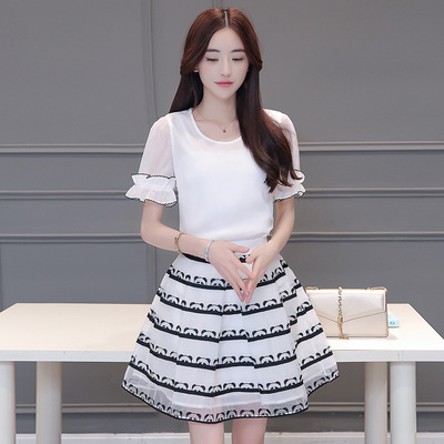 时尚女装2016夏季新款韩版百褶时尚两件套裙子印花连衣裙