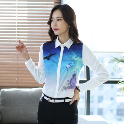 2016春季韩版新款白色衬衫女长袖女士显瘦印花衬衣百搭打底上衣