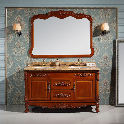 现代中式橡木落地浴室柜欧式双盆洗漱面台洗手池盆卫浴组合大理石