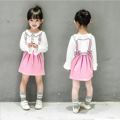 女童秋季韩版女童印花公主连衣裙衬衫长袖粉红连衣裙假背带娃娃领