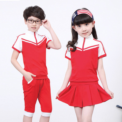 儿童套装 校服2016夏季爆款男童休闲拉链立领拉条大红色 女童短裙