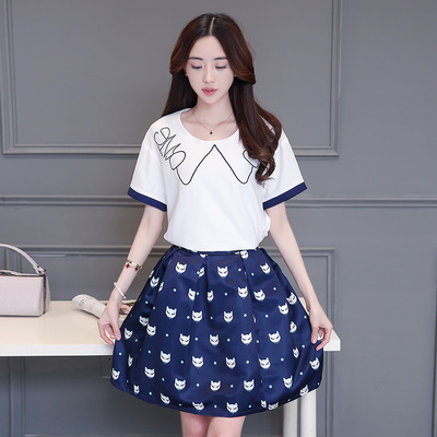 2016夏季新款韩版女装刺绣上衣短袖套装猫咪印花短裙两件套连衣裙