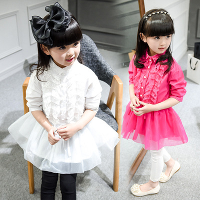 唯品会正品新款韩版秋装厂家直销童装女童棉蕾丝衬衫上衣蘑菇街