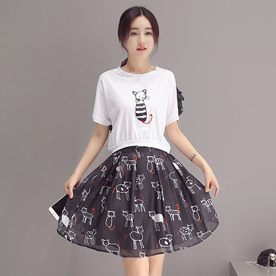 2016夏装新款韩版两件套套装裙卡通猫咪印花T恤短裙套装