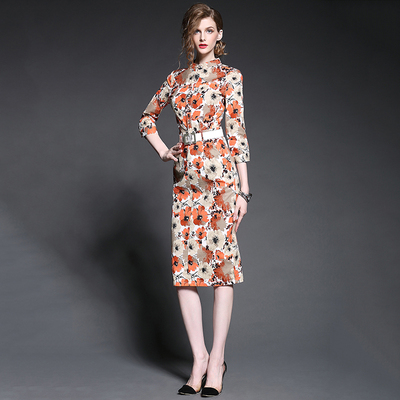 欧美女装2015新品秋季 梭织印花 修身七分袖包臀中长款连衣裙