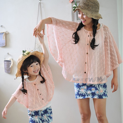 韩国品牌亲子装粉蝙蝠衫夏款母女装短袖斗篷背心两件套 亲子套