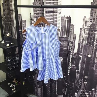 2016夏装新款韩版小清新衬衫蓝色格子吊带背心不规则上衣衬衫