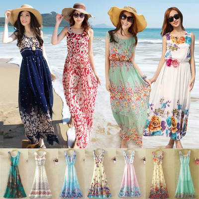 2016年几十款 夏季无袖碎花雪纺连衣裙 波西米亚裙度假沙滩裙长裙