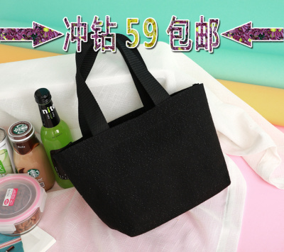 出口日本黑色夹亮丝原生态帆布防水敞口手拎包便当包饭盒袋午餐包