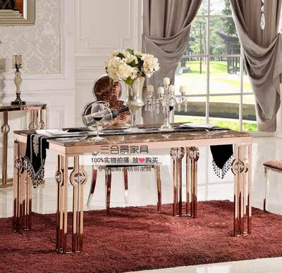 定制餐桌 创意水晶球不锈钢餐台 奢华大理石方桌时尚镀金桌子3001