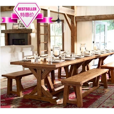 美式乡村复古实木餐桌椅实木家具长方形饭桌古典餐桌长凳组合