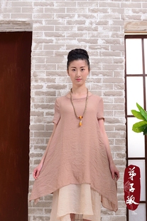 夏季短袖不规则开衩宽松女装连衣裙民族风中式传统唐装禅意茶人服