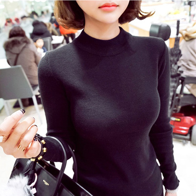 韩版2017新款秋冬女装半高领长袖针织衫套头修身纯色毛衣女打底衫