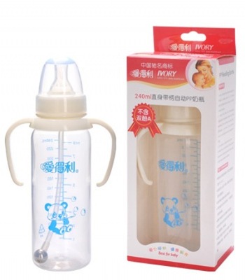 正品耐摔防胀气婴儿宝宝PP塑料直身奶瓶240ML带手柄吸管防呛