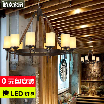 loft美式乡村客厅吊灯复古工业风餐厅咖啡厅创意麻绳铁艺烛台灯具