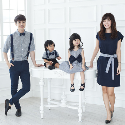 韩国亲子装夏装新款一家三口母子母女宽松格子衬衫上衣全家装 潮