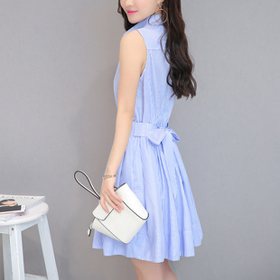 蓝白条纹连衣裙无袖中长款夏装女衬衫裙子韩版收腰显瘦系带衬衣裙