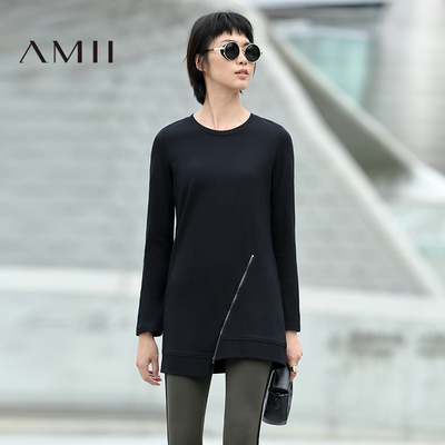 艾米Amii女装2016秋季新款女弹力休闲拉链拼接直筒中长款T恤女