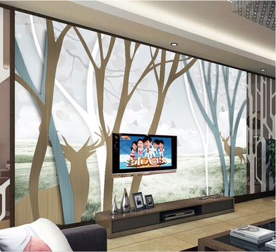 现代简约客厅沙发电视背景墙壁纸无缝3D墙纸壁纸 丛林小鹿 树林