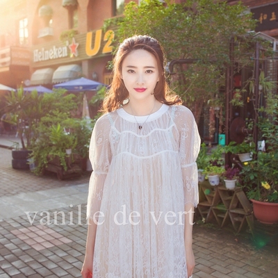 胡丹丹V2定制早秋新款宽松韩版白色蕾丝娃娃衫连衣裙两件套