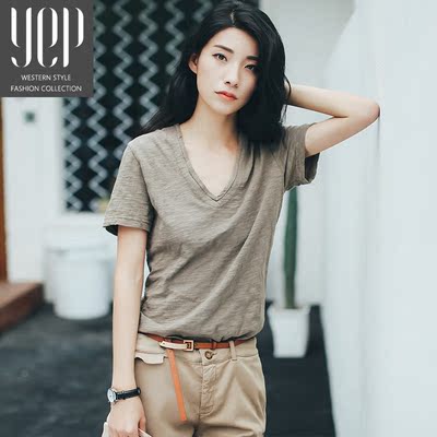 YEP2016夏季新品韩版简约纯色修身打底短袖竹节棉V领T恤上衣女